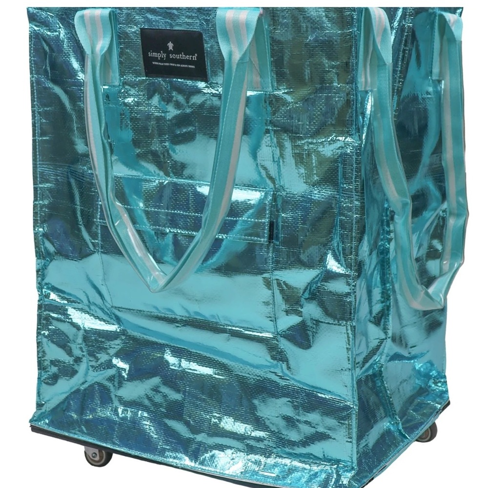 Simply Southern Turquoise rolling tote bag with handles and zip top. 23 x 18x 14